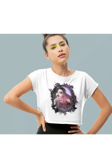 playbackmoda Crop-top Ilustrasyon Kadın Baskılı Yarım Tişört - Resim 2