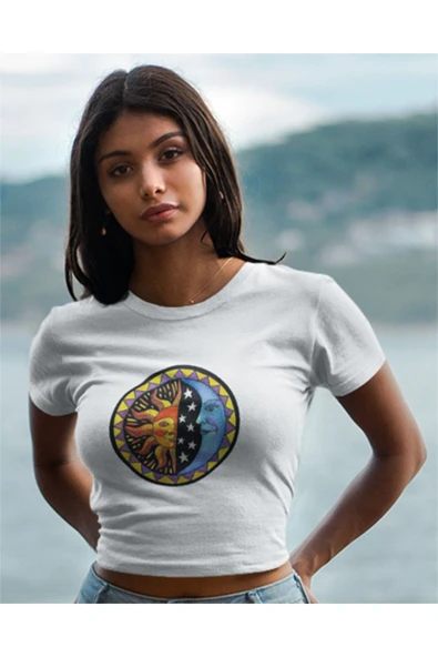 playbackmoda Crop-top Güneş Ve Ay Baskılı Yarım Tişört - Resim 2