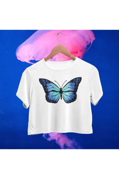 playbackmoda Crop-top Mavi Kelebek Baskılı Yarım Tişört ürün görseli