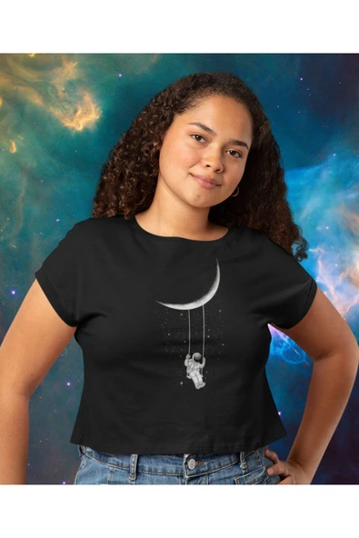 playbackmoda Crop-top Astronot Uzay Ay Baskılı Yarım Tişört - Resim 2