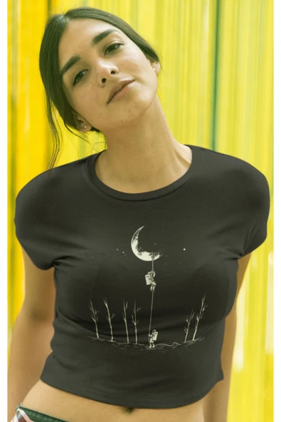playbackmoda Crop-top Aya Tırmanan Astronotlar Baskılı Yarım Tişört - Resim 2