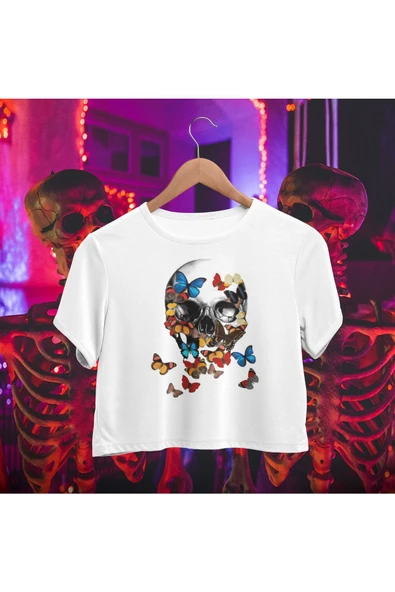 playbackmoda Crop-top Kelebek Kurukafa Baskılı Yarım Tişört - Resim 2