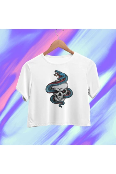 playbackmoda Crop-top Yılan Kurukafa Baskılı Yarım Tişört ürün görseli