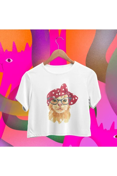 playbackmoda Crop-top Gözlüklü Kedi Baskılı Yarım Tişört ürün görseli