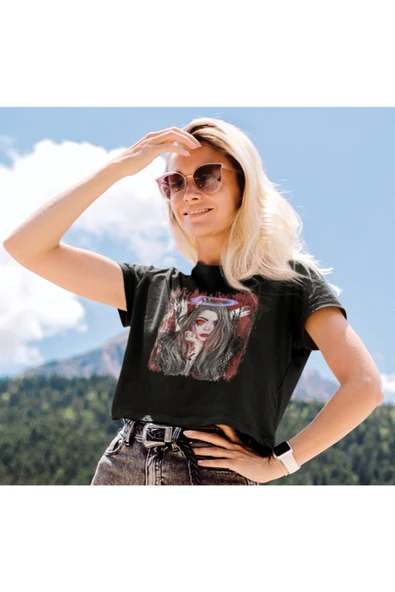 playbackmoda Crop-top Ilustrasyon Kadın Baskılı Yarım Tişört - Resim 2