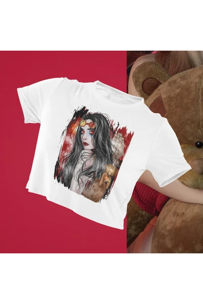 playbackmoda Crop-top Ilustrasyon Kadın Baskılı Yarım Tişört ürün görseli