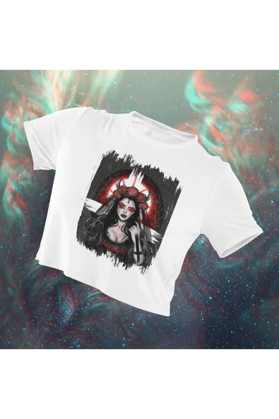 playbackmoda Crop-Top Ilustrasyon Kadın Baskılı Yarım Tişört