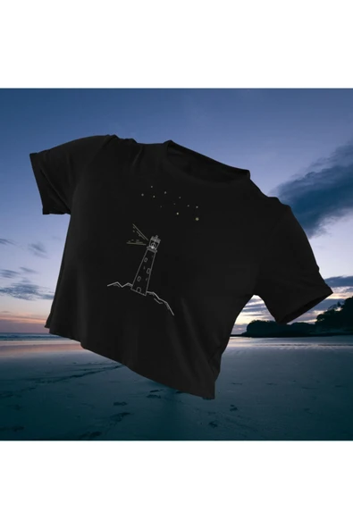 playbackmoda Crop-top Ilıustrasyon Deniz Feneri Baskılı Yarım Tişört ürün görseli