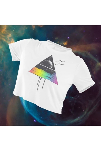 playbackmoda Crop-top Ilıustrasyon Deniz Dağ Güneş Baskılı Yarım Tişört ürün görseli