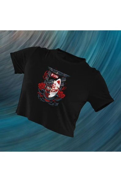 playbackmoda Crop-top Japon Samuray Kedi Baskılı Yarım Tişört ürün görseli