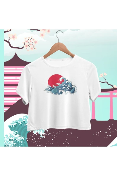 playbackmoda Crop-top Japon Dalga Güneş Baskılı Yarım Tişört ürün görseli