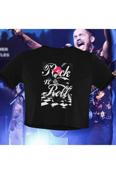 playbackmoda Crop-top Rock And Roll Baskılı Yarım Tişört ürün görseli