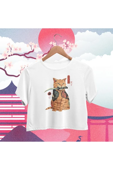 playbackmoda Crop-top Japon Samuray Kedi Baskılı Yarım Tişört ürün görseli