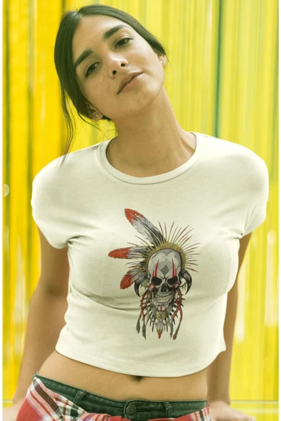 playbackmoda Crop Top Kızılderili Kurukafa Baskılı Yarım Tişört ürün görseli