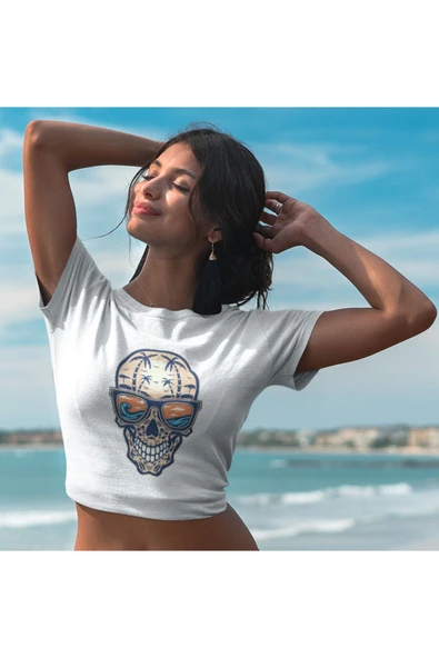 playbackmoda Crop Top Plaj Yaz Kurukafa Baskılı Yarım Tişört ürün görseli