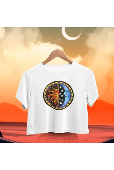 playbackmoda Crop-top Güneş Ve Ay Baskılı Yarım Tişört ürün görseli