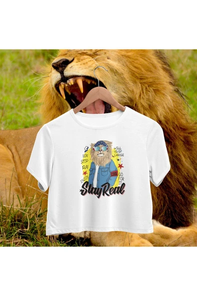 playbackmoda Crop-top Cool Aslan Baskılı Yarım Tişört ürün görseli