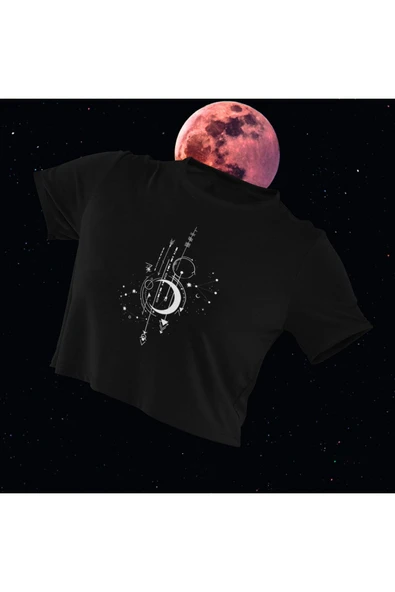 playbackmoda Crop-top Ilustrasyon Pusula Baskılı Yarım Tişört ürün görseli