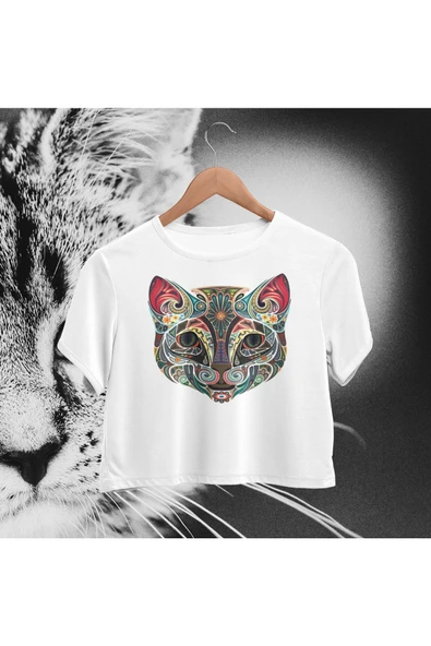 playbackmoda Crop-top Renkli Kedi Baskılı Yarım Tişört ürün görseli