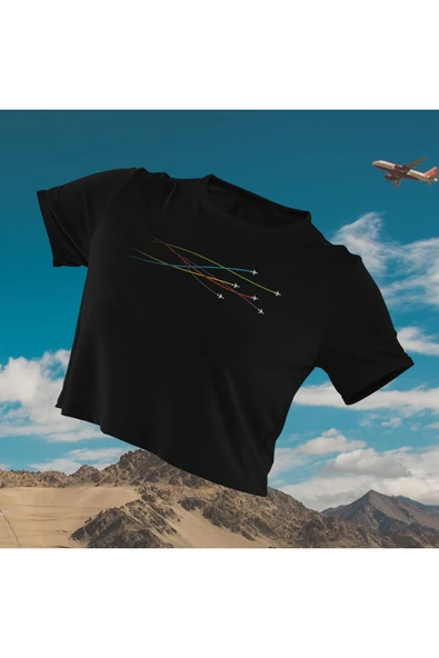 playbackmoda Crop-top Ilıustrasyon Minik Uçaklar Baskılı Yarım Tişört ürün görseli