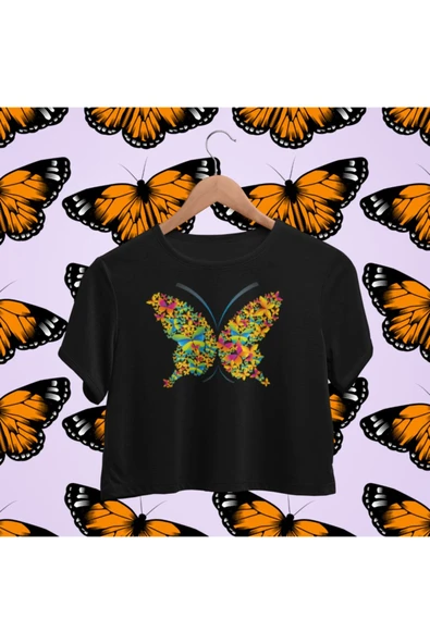 playbackmoda Crop-top Renkli Kelebek Baskılı Yarım Tişört ürün görseli