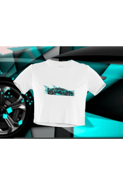 playbackmoda Crop-top Lamborghini Baskılı Yarım Tişört - Resim 2