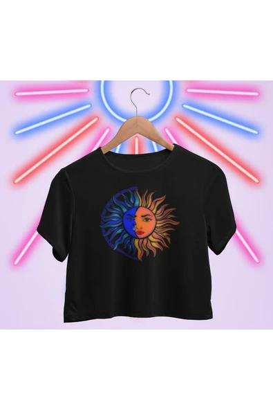 playbackmoda Crop-top Güneş Ve Ay Baskılı Yarım Tişört ürün görseli