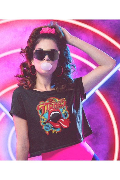 playbackmoda Crop-top Rollıng Stones Baskılı Yarım Tişört - Resim 2