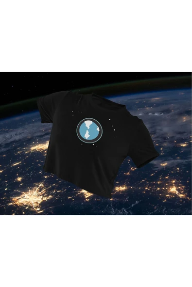 playbackmoda Crop-top Mavi Dünya Baskılı Yarım Tişört ürün görseli