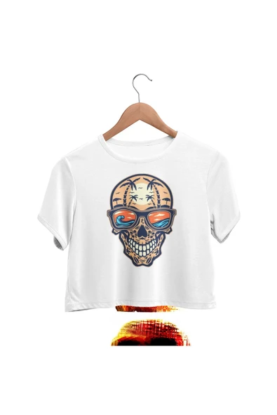 playbackmoda Crop Top Plaj Yaz Kurukafa Baskılı Yarım Tişört - Resim 2