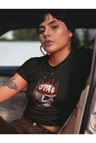 playbackmoda Crop-top Kral Kurukafa Baskılı Yarım Tişört - Resim 2