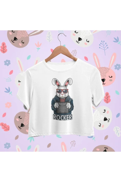 playbackmoda Crop-top Rocker Tavşan Baskılı Yarım Tişört