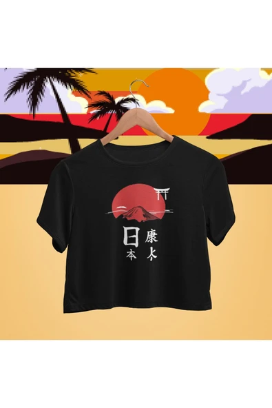 playbackmoda Crop-top Japon Gün Batımı Baskılı Yarım Tişört