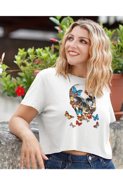 playbackmoda Crop-top Kelebek Kurukafa Baskılı Yarım Tişört ürün görseli