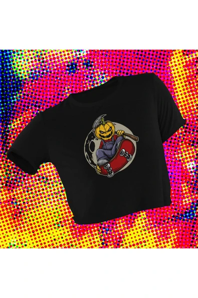 playbackmoda Crop-top Halloween Baskılı Yarım Tişört ürün görseli