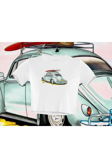 playbackmoda Crop-top Mavi Wolksvagen Beetle Baskılı Yarım Tişört ürün görseli