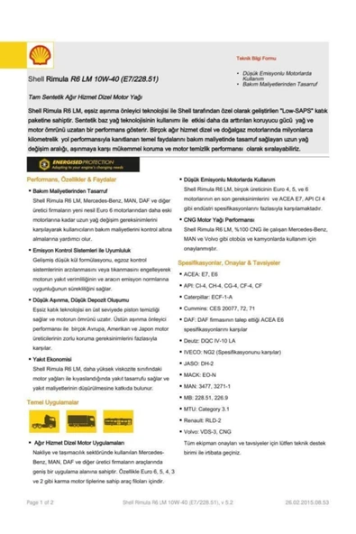 SHELL Rimula R6 Lm 10w40 Kova 20 Litre-(E7/mb 228.51) - Resim 5