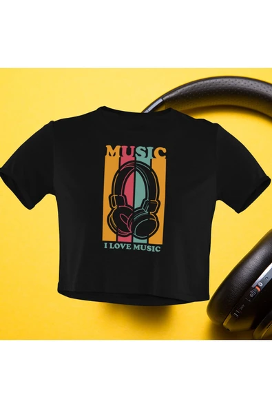 playbackmoda Crop-top Retro Müzik Kulaklık Baskılı Yarım Tişört ürün görseli