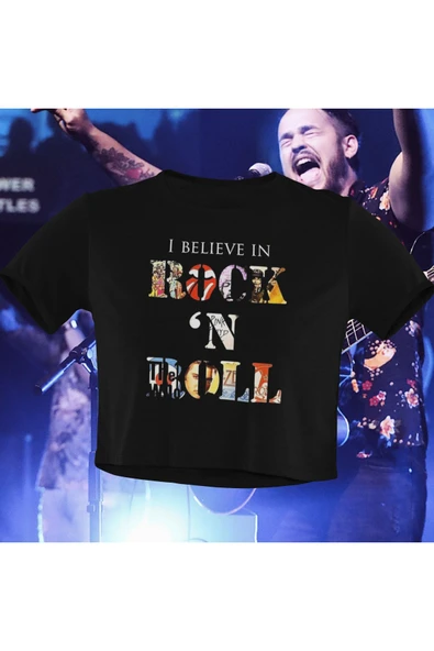 playbackmoda Crop-top Rock And Roll Baskılı Yarım Tişört ürün görseli