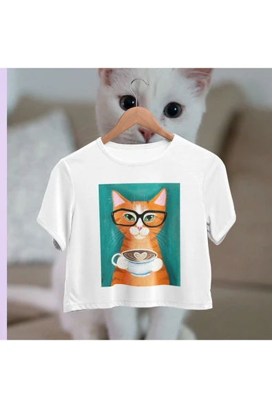 playbackmoda Crop-top Gözlüklü Kedi Baskılı Yarım Tişört ürün görseli