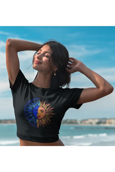 playbackmoda Crop-top Güneş Ve Ay Baskılı Yarım Tişört - Resim 2