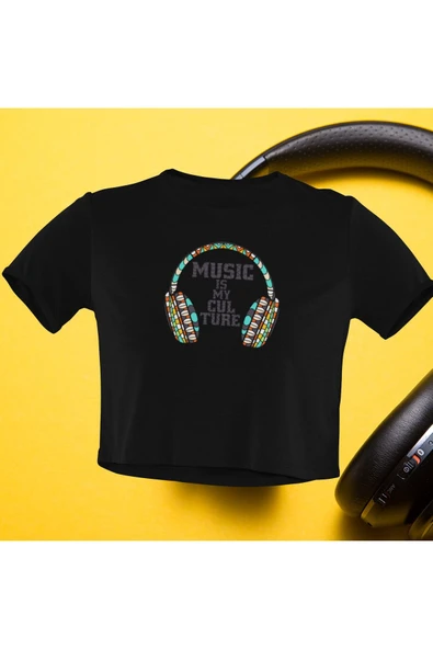 playbackmoda Crop-top Retro Müzik Kulaklık Baskılı Yarım Tişört ürün görseli