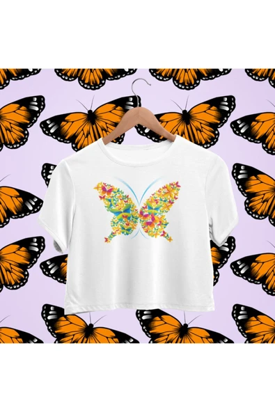 playbackmoda Crop-top Renkli Kelebek Baskılı Yarım Tişört ürün görseli
