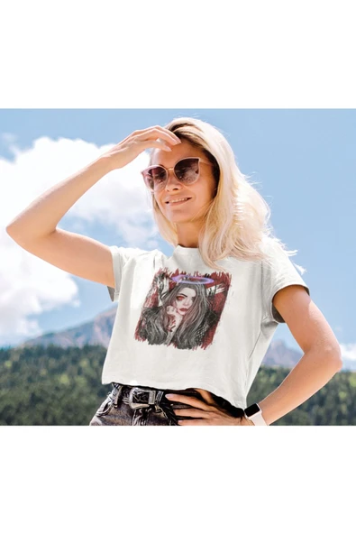 playbackmoda Crop Top Ilustrasyon Kadın Baskılı Yarım Tişört - Resim 2