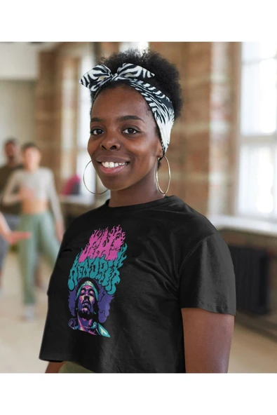 playbackmoda Crop-top Jimi Hendriks Baskılı Yarım Tişört - Resim 2