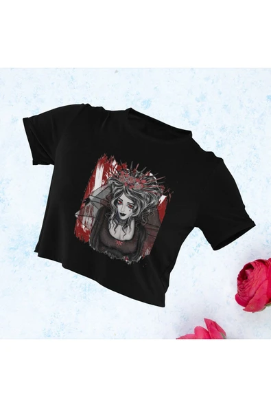 playbackmoda Crop-top Ilustrasyon Kadın Baskılı Yarım Tişört ürün görseli