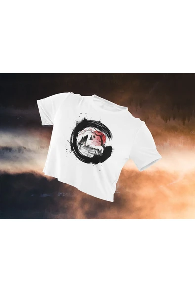 playbackmoda Crop-top Ilıustrasyon Japon Manzara Deniz Baskılı Yarım Tişört
