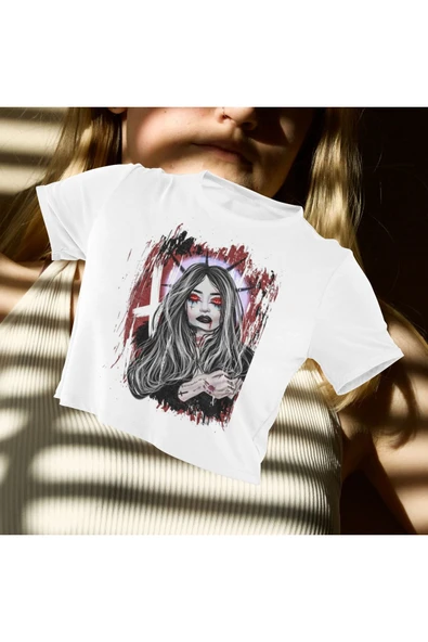 playbackmoda Crop-top Ilustrasyon Kadın Baskılı Yarım Tişört - Resim 2