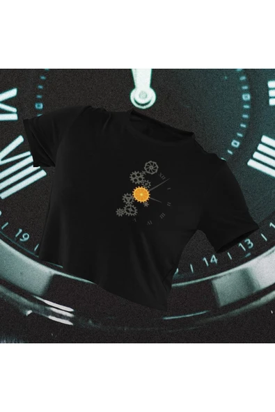 playbackmoda Crop-top Ilıustrasyon Çarklar Ve Saat Baskılı Yarım Tişört ürün görseli