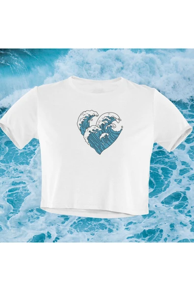 playbackmoda Crop-top Deniz Dalga Kalp Baskılı Yarım Tişört ürün görseli